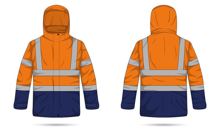 Vetor modelo de jaqueta com capuz hi vis de frente e de trás