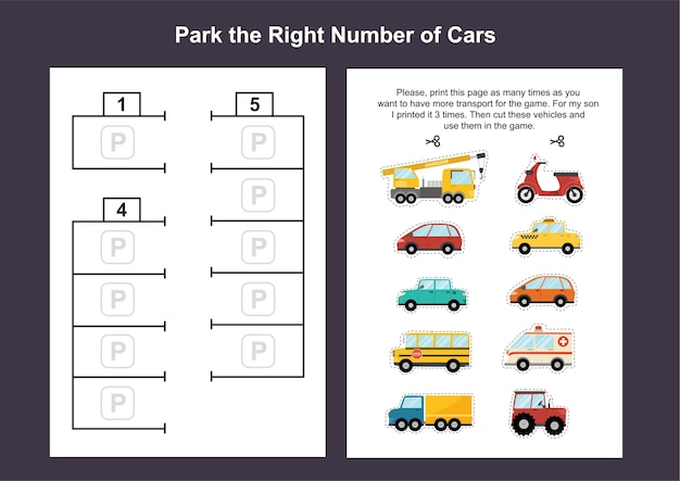 Modelo de jogo para impressão de estacionamento para crianças. corte os carros e coloque-os no estacionamento. planilhas a4 com páginas de atividades para crianças.