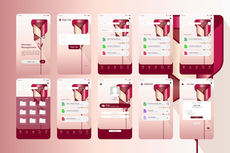 Vetor modelo de kit de interface do usuário do aplicativo de gerenciamento de armazenamento de flores rosa suave e moderno