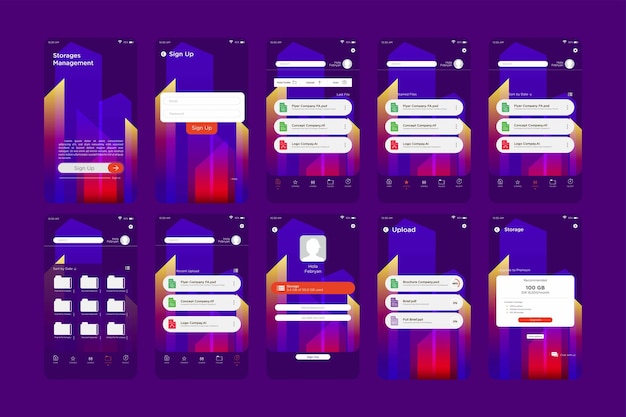 Modelo de kit de interface do usuário do aplicativo de gerenciamento de armazenamento de néon com cores de gradiente do conceito cyberpunk