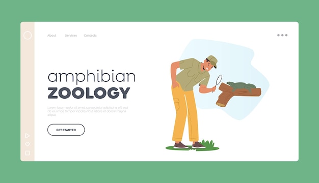 Modelo de landing page de zoologia de anfíbios cientista explora fauna criaturas em habitat natural zoólogo personagem masculino