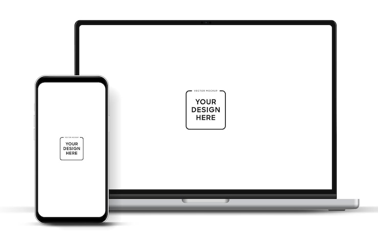 Vetor modelo de laptop vista frontal moderna e modelo de smartphone de alta qualidade isolado em fundo branco