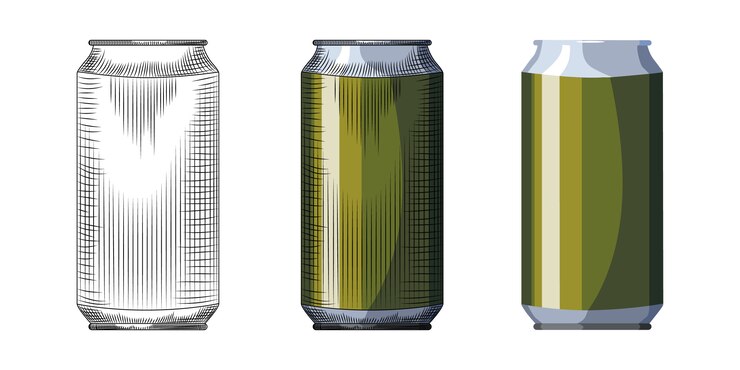 Vetor modelo de lata de cerveja desenhada de mão. lata de bebidas verde isolada no fundo branco.