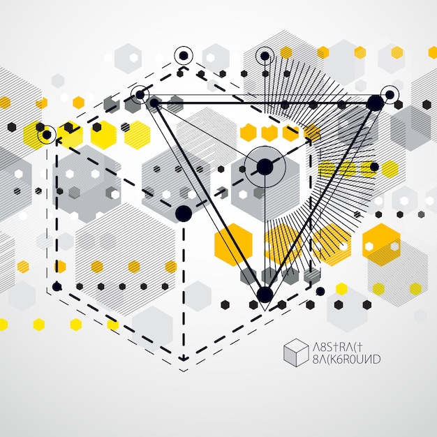 Modelo de layout de design amarelo 3d para folheto, panfleto, pôster, publicidade, capa, fundo moderno abstrato vetorial. composição de cubos, hexágonos, quadrados, retângulos e diferentes elementos abstratos