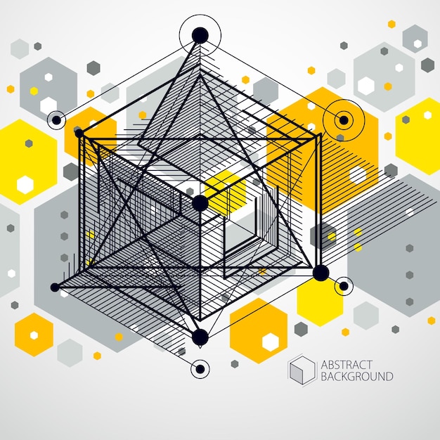 Modelo de layout de design amarelo 3D para folheto, panfleto, pôster, publicidade, capa, fundo moderno abstrato vetorial. Composição de cubos, hexágonos, quadrados, retângulos e diferentes elementos abstratos