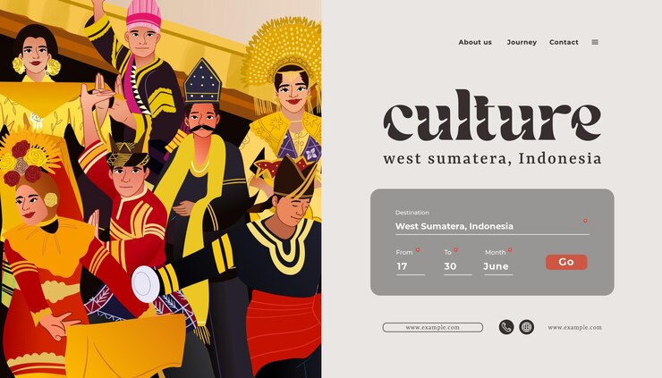 Vetor modelo de layout de evento turístico com ilustração de dançarinos indonésios de sumatera ocidental