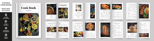 Vetor modelo de layout de livro de receitas com detalhes em preto estilo simples e design moderno layout de livro de receitas