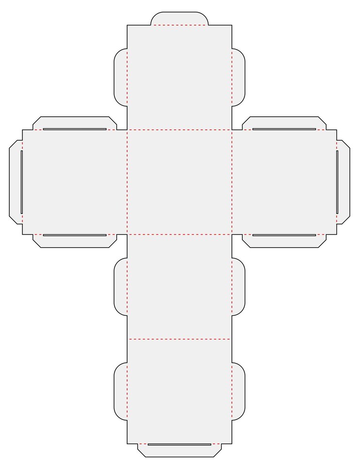 Vetor modelo de layout de plano de embalagem simples de caixa de corte de cubos com corte e pontuação de linhas vetoriais
