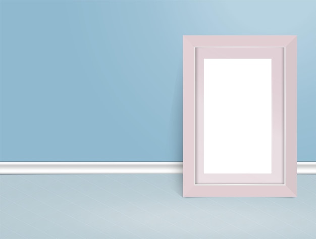 Modelo de layout minimalista para apresentação de fotos A moldura branca está no chão contra a parede Moldura de foto vetorial vazia no quadro