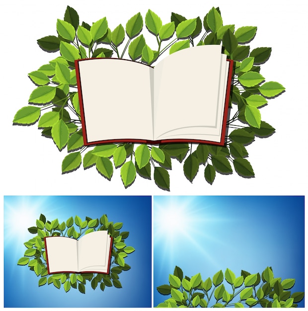 Vetor modelo de livro em branco com folhas verdes