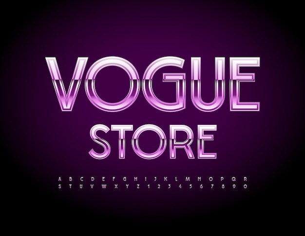 Modelo de logotipo chique de vetor vogue store conjunto de letras e números do alfabeto violeta elegante fonte brilhante