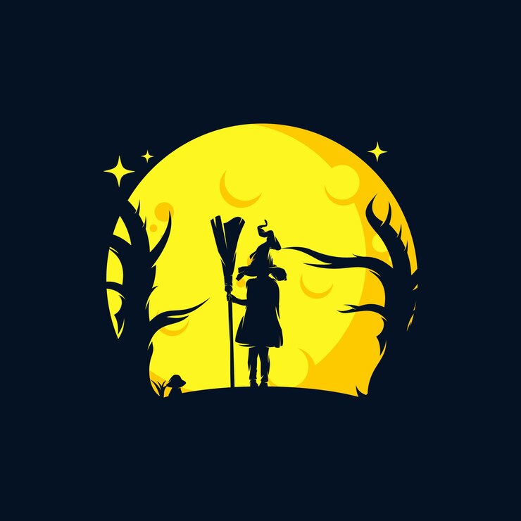 Vetor modelo de logotipo da bruxinha com uma vassoura voadora