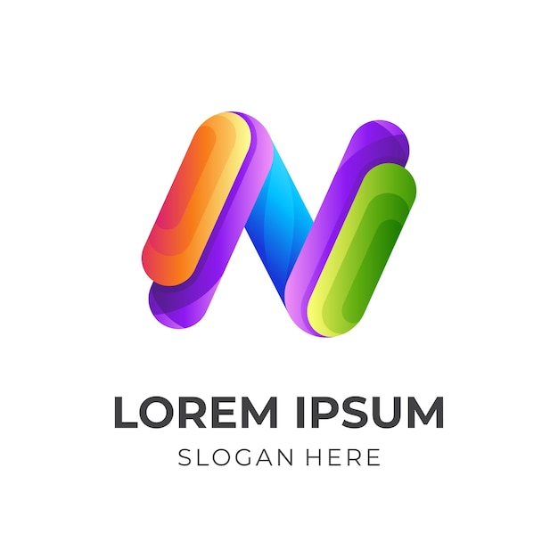 Modelo de logotipo da letra n com estilo 3d colorido