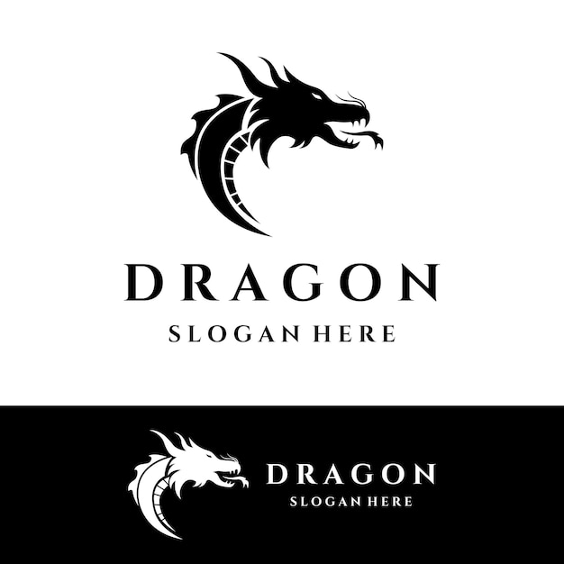 Modelo de logotipo de cabeça de dragão de fogo e fundo isolado de asas