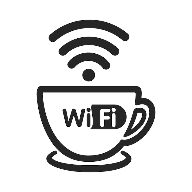 Vetor modelo de logotipo de cibercafé design de vetor de área wifi grátis símbolo wifi e ilustração de xícara de café