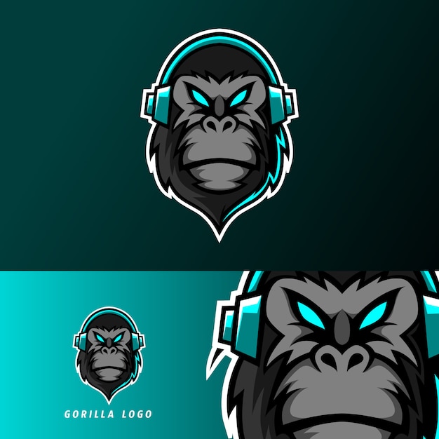 Vetor modelo de logotipo de esport esporte gorila macaco mascote esporte preto com fone de ouvido