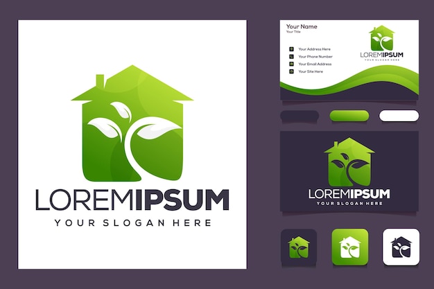 Modelo de logotipo de folha de casa e cartão de visita