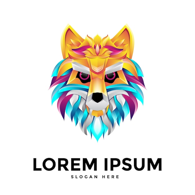 Modelo de logotipo de lobo colorido em design plano