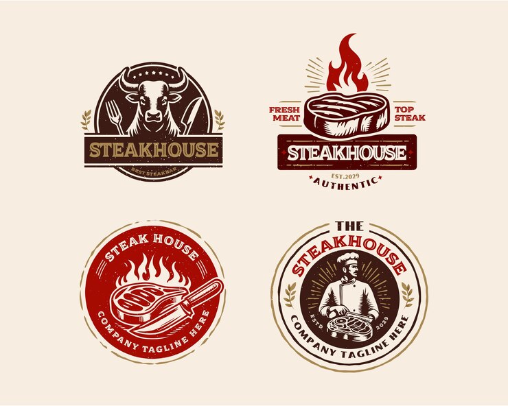 Vetor modelo de logotipo de loja de bife de carne à grelha vintage para empresa de negócios