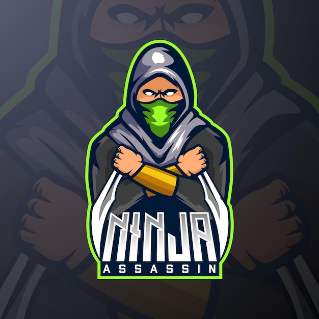 Modelo de logotipo de mascote de jogos esportivos Ninja Pro player Vetor Premium