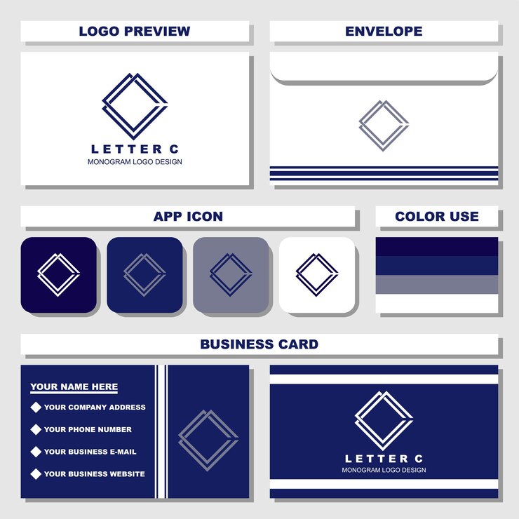 Vetor modelo de logotipo de monograma criativo letra c com cartão de visita e ideias de envelope