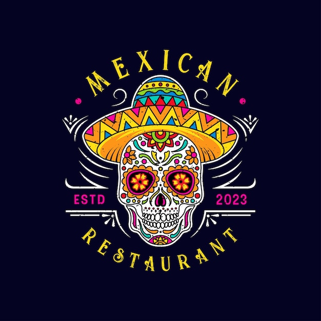 Modelo de logotipo de restaurante sombrero de caveira mexicana