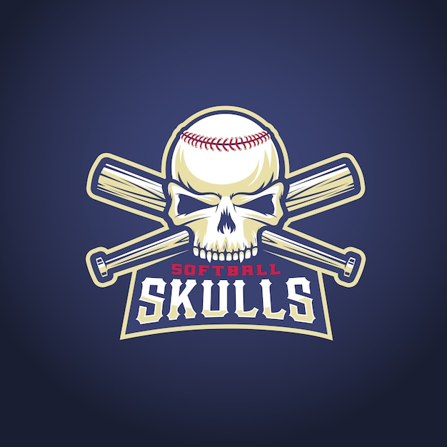 Vetor modelo de logotipo de time de beisebol. caveira e sinal de morcegos cruzados. conceito de cabeça de softbol. emblema do esporte com tipografia premium.