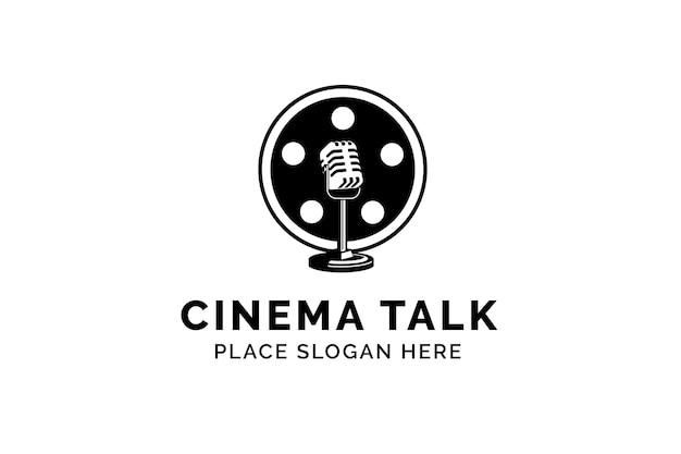 Modelo de logotipo de vetor de podcast de filme. ilustração do logotipo do microfone do microfone e do carretel de filme.