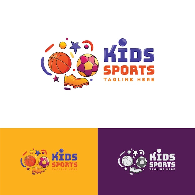 Vetor modelo de logotipo divertido de futebol e basquete para playground infantil com cores divertidas para produto infantil