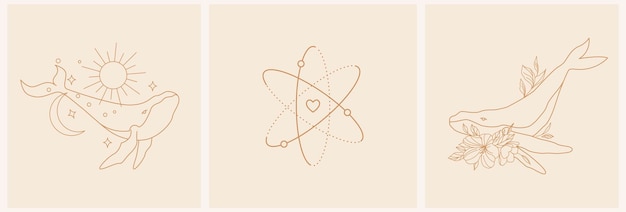 Modelo de logotipo em estilo linear dourado baleia com a lua ilustração esotérica com lua e estrelas