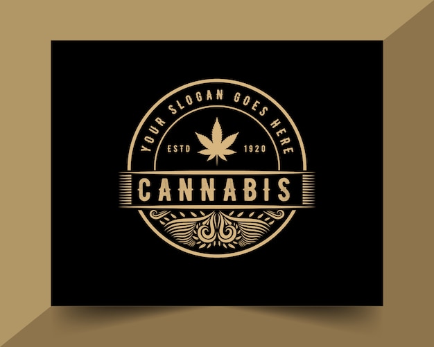 Modelo de logotipo estilo vintage luxo cannabis desenhado à mão com cor dourada para a empresa