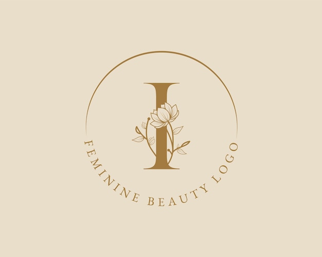 Vetor modelo de logotipo feminino botânico com letra i inicial de coroa de louros para cartão de casamento de salão de beleza de spa