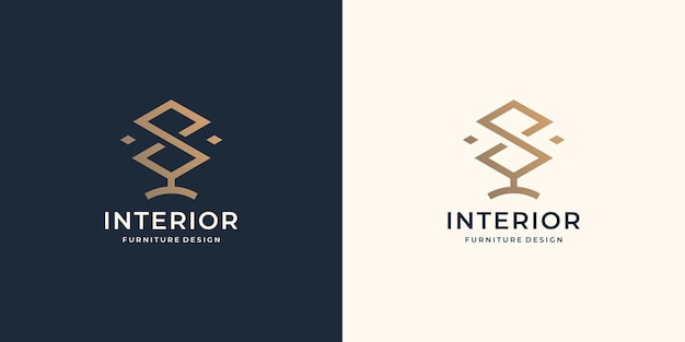 Modelo de logotipo interior com estilo de arte de linha criativa. mobiliário, estilo interior, design moderno.