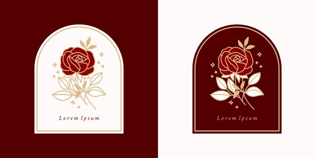 Modelo de logotipo vintage botânico de flor rosa desenhada à mão e conjunto de elementos de marca de beleza feminina