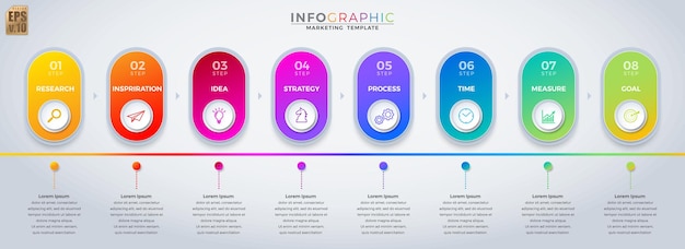 Modelo de marketing de negócios de vetor infográfico ícones de círculo de design colorido 8 opções isoladas em estilo minimalista você pode usar para anúncio de impressão de fluxograma de layout de apresentações de fluxo de trabalho de processo de marketing