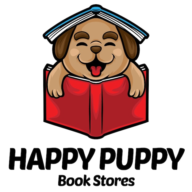 Vetor modelo de mascote do logotipo da livraria happy puppy