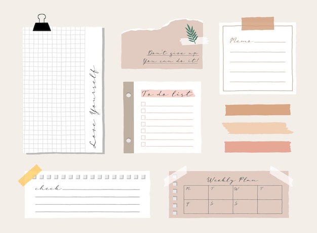 Vetor modelo de memorando fofo uma coleção de notas listradas, cadernos em branco e notas rasgadas usadas em um diário ou escritório