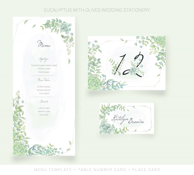 Modelo de menu, cartão de número de mesa, cartão de lugar com folhas de aquarela