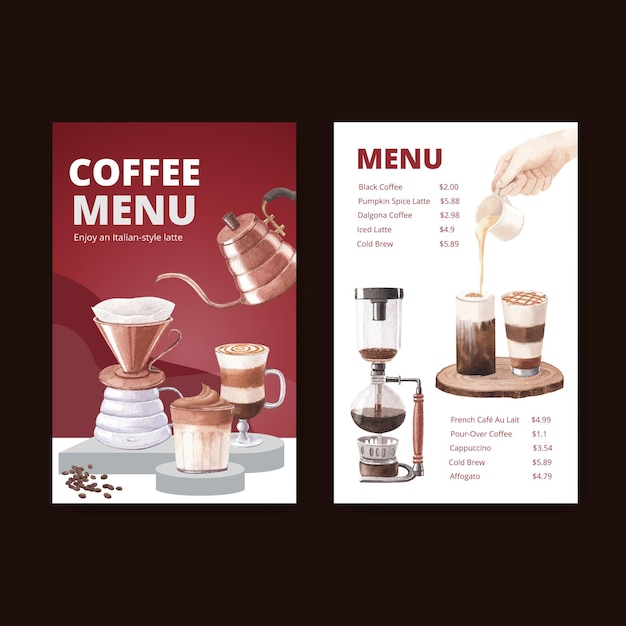 Modelo de menu com café em estilo aquarela