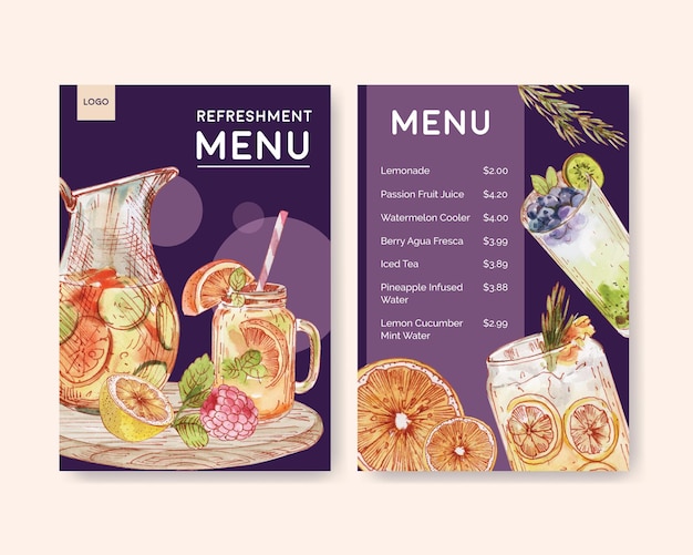 Vetor modelo de menu com conceito de bebidas refrescantes, estilo aquarela