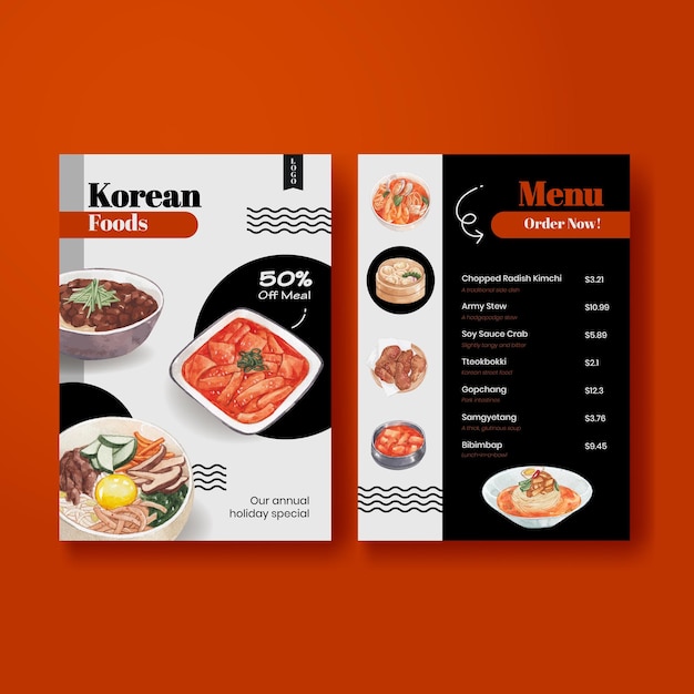 Modelo de menu com conceito de comida coreana, estilo aquarela