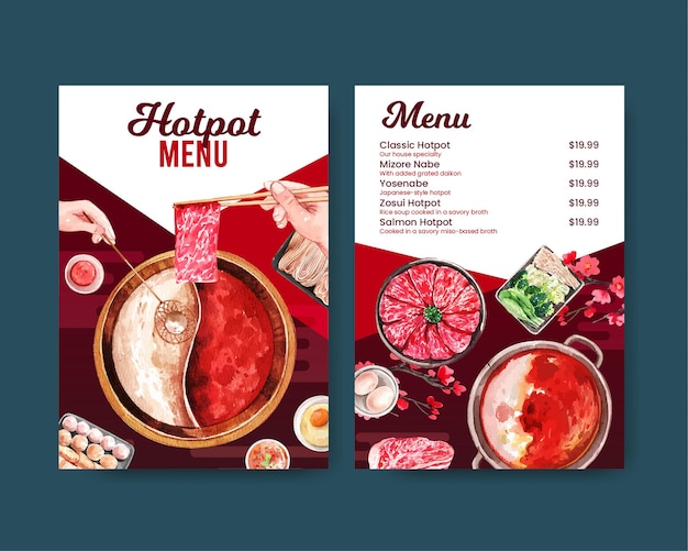 Modelo de menu com conceito de hotpot chinês aquarela