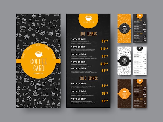 Modelo de menu de café para um café ou restaurante. Folhetos de design preto, branco e laranja com desenhos à mão e preço. ilustração