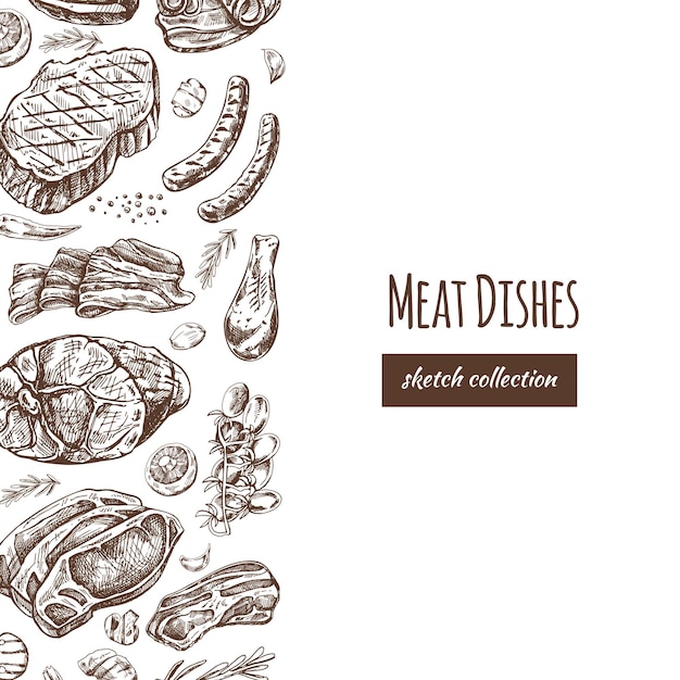 Modelo de menu de carne e legumes em esboços de estilo gravado de pedaços de carne de churrasco com ervas