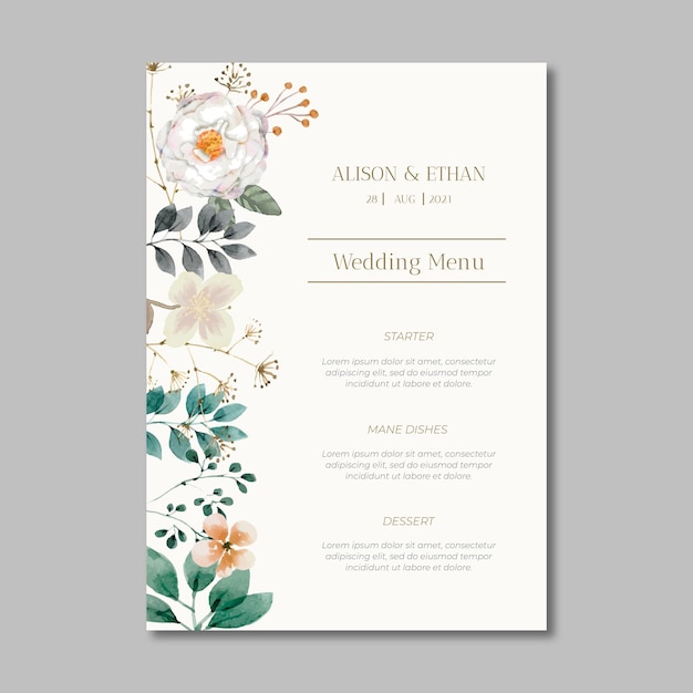 Modelo de menu de casamento floral