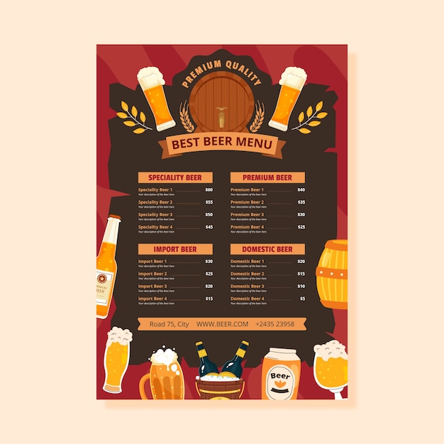 Vetor modelo de menu de cerveja de design plano