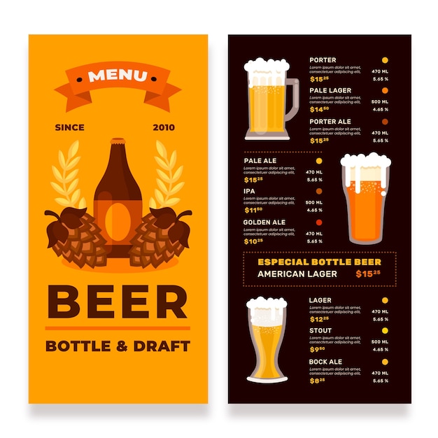 Modelo de menu de cerveja de design plano