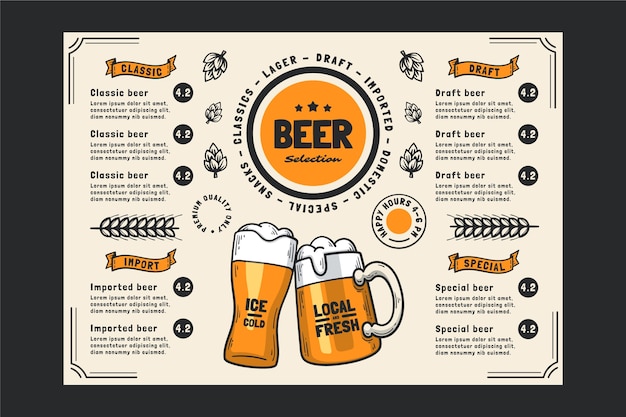 Modelo de menu de cerveja desenhado à mão