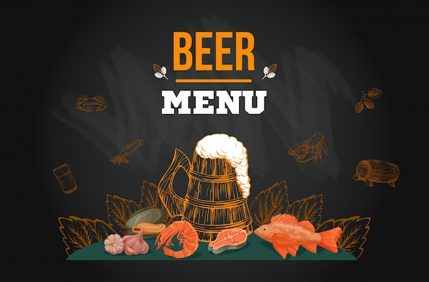 Vetor modelo de menu de cerveja no estilo de esboço mão desenhada na lousa