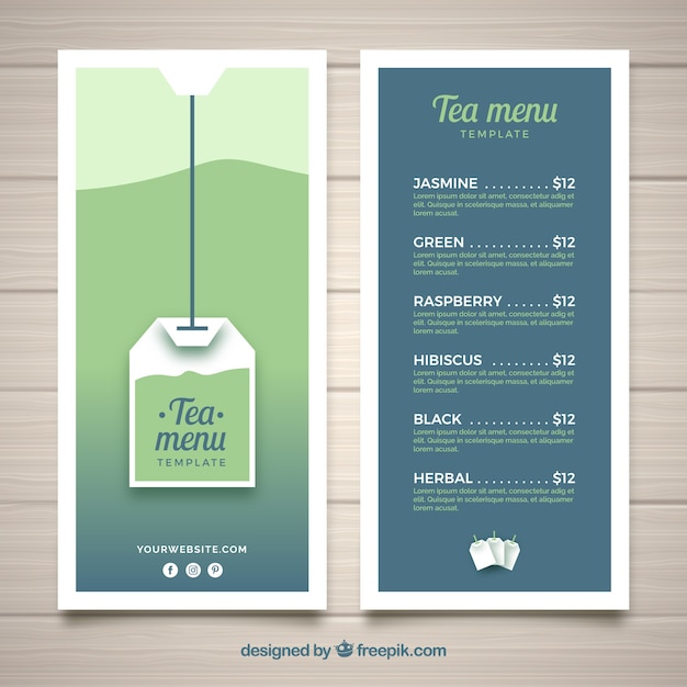 Vetor modelo de menu de chá com bebidas diferentes
